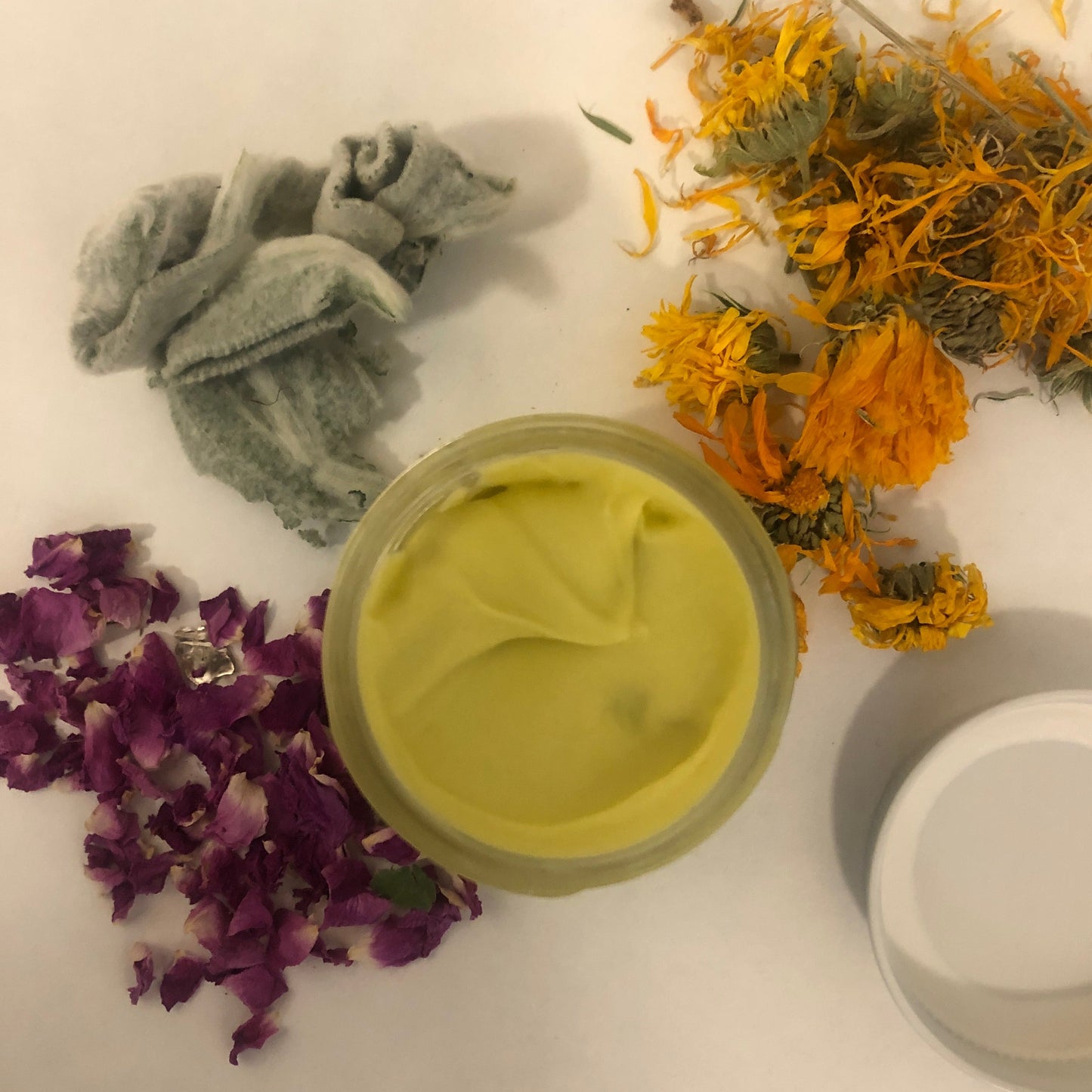 rose petal, lambs ear, calendula flowers, 2 oz glass jar with salve